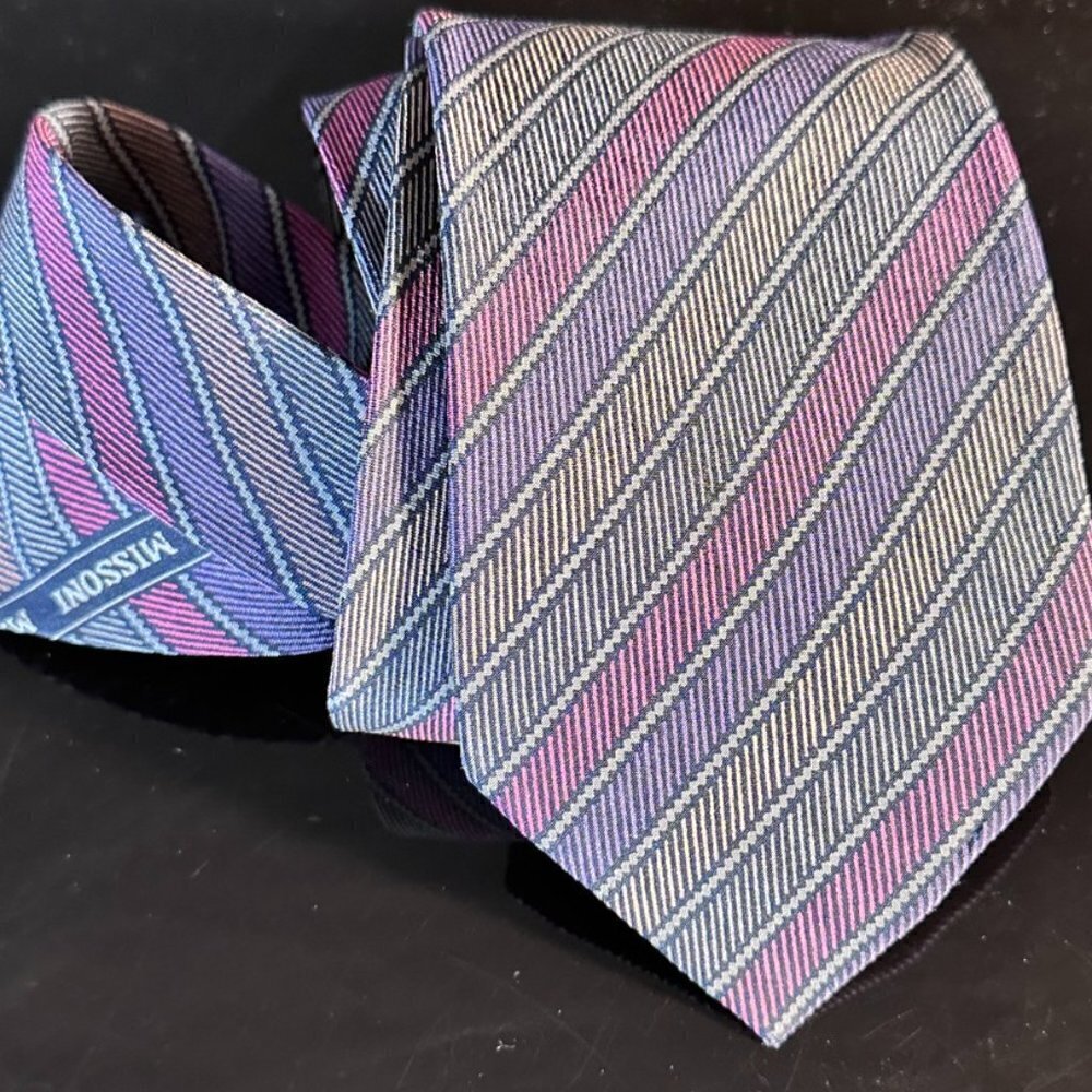 Missoni Striped Mens Tie Silk Neckwear Purple Green Yellow Muted Stripes Mauve